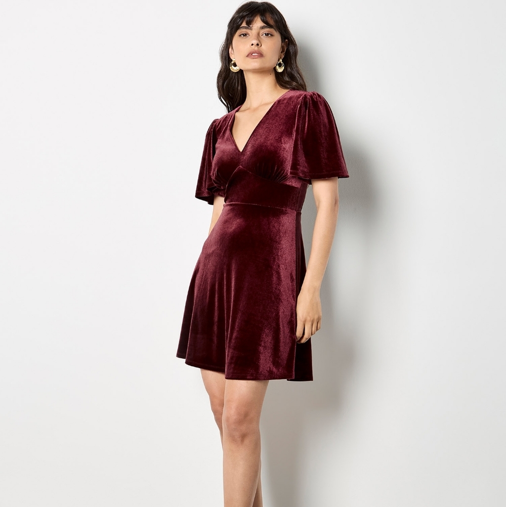 Burgundy Velvet V Neck Empire Mini Dress